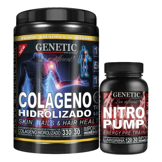 Colageno Vit E C Resveratrol Q10 Arginina Nitro Pump Genetic Sabor Naranja