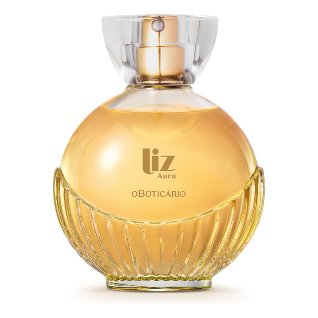 Frasco de vidro arredondado do perfume Liz Aura O Boticário com líquido âmbar e tampa transparente