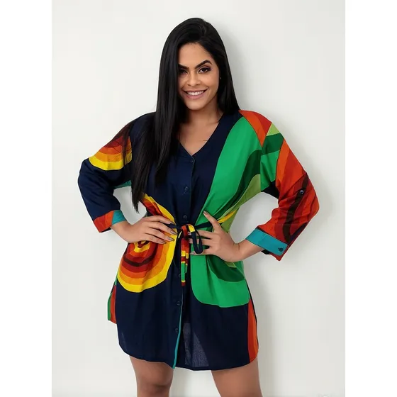 Saída Praia De Banho Camisão Kimono Bata Estampada Plus Size