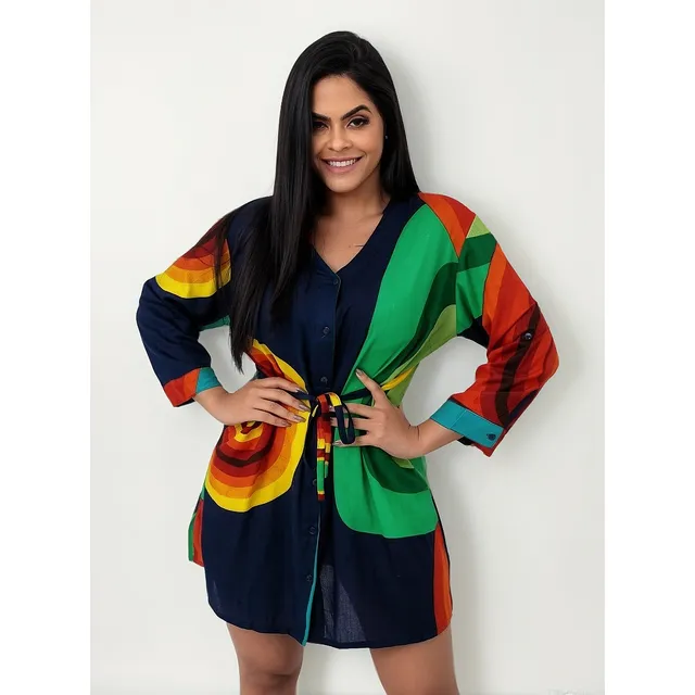 Saída Praia De Banho Camisão Kimono Bata Estampada Plus Size