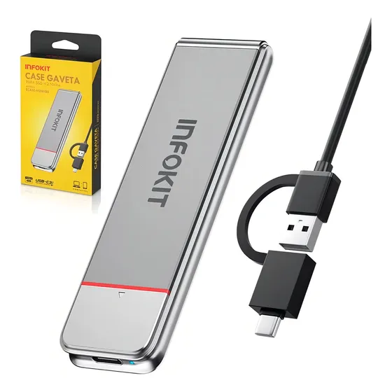 Case Para Ssd M.2 Pcie Nvme M-key Conexão Usb Tipo-c E Usb 3.1 Exbom Infokit Ecase-m2nv80 Compatível Com Formatos 2230, 2242, 2260 E 2280 Suporta Até 4tb Cor Prata