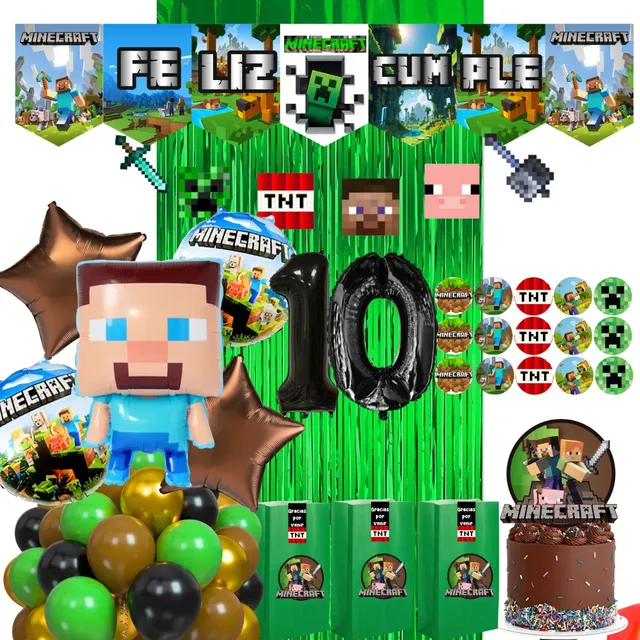 Combo Minecraft Globos Bolsita Banderin Stickers Topper