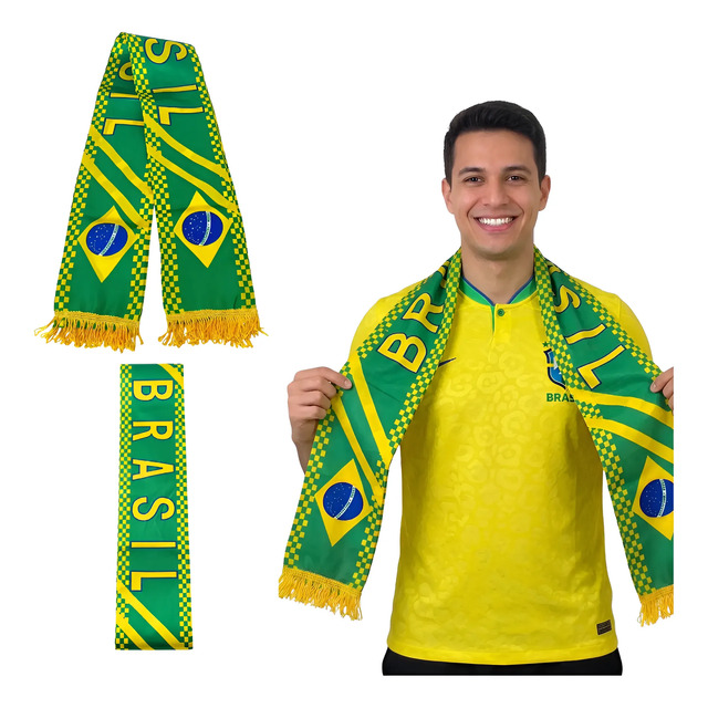 Faixa Cachecol Brasil Jogo Torcedor Acessório Com Franjas Verde Estampado Único