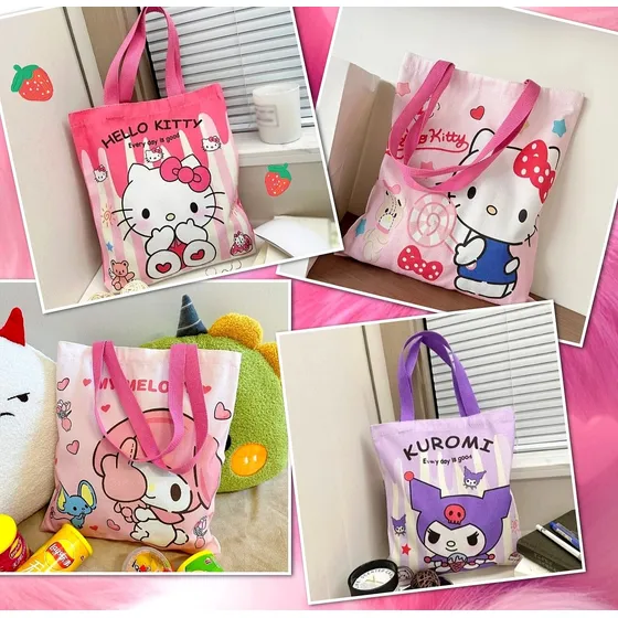 Bolso Tote De Lona Sanrio Kuromi, Hello Kitty, Stitch