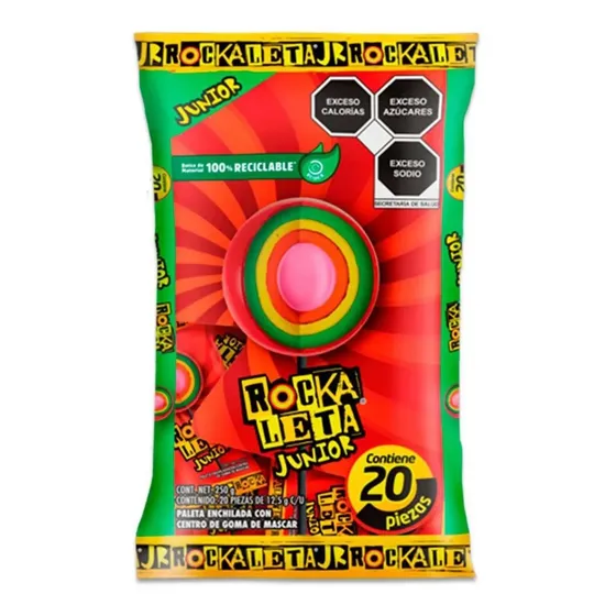 Paletas Rockaleta Jr 20 Piezas 250g Sabor Agridulce y Picante Ideal Para Niños Snack Divertido y Refrescante Con Relleno de Polvo Chamoy Perfecto Para Fiestas o Reuniones Sabor Mexicano Tradicional