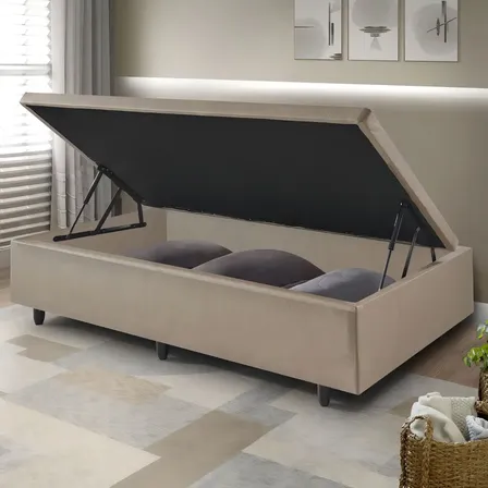 Base Box Baú Solteiro 88x188 Courino Linho Com Pistão A Gás Cor Bege
