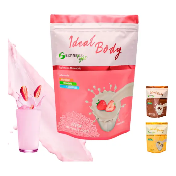 Ideal Body Malteada Polvo fit Body Shake Sustituye Desayuno Cena Completa saciedad enriquecido con vitaminas proteina y minerales Sabores Suplemento Para Bajar de Peso Express Light 500g Sabor Fresa