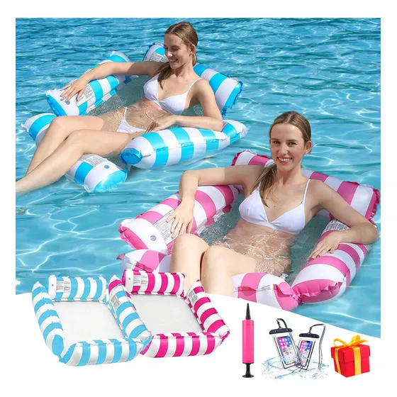 5PCS Hamaca de agua rosa y celeste(incluye bomba de aire + bolsillos para teléfono), sofá inflable 4 en 1, colchón plegable, cama flotante, perfecta para playa o piscina de verano