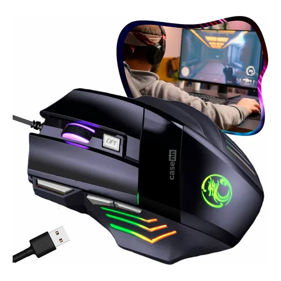 Mouse Gamer Para Jogo 3.200 Dpi Óptico Com Led Rgb Usb 7 Botões 4 Velocidades Dpi Ergométrico Para Pc Desktop Notebook Casenn Preto