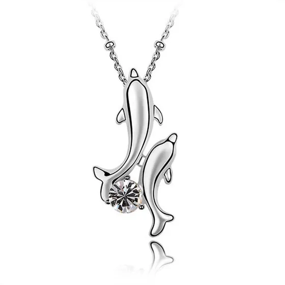Collar De Delfin Chapado Oro Blanco Cristal Circonita Cúbica