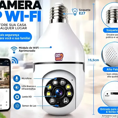 Câmera Lâmpada de Segurança Wifi 360º Infravermelho GotWire IP44 Full Hd 1080p Interna Externa Com Sensor de Movimento Inteligente