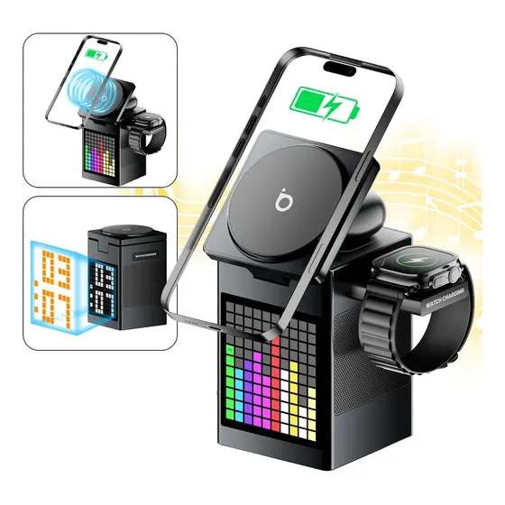 Carregador Sem Fio Basike Magnético 3 em 1 com Alto-Falante e Despertador para iPhone e Samsung