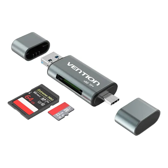 Lector De Tarjetas Vention - 3 En 1 - Otg / Sd / Tf - Conector Dual Usb Tipo C + Usb 3.0 + Micro Usb - Carcasa Aluminio - 5 Gbps - Portatil Para Camara / Celular / Computadora / Pc / Notebook - Cchh0