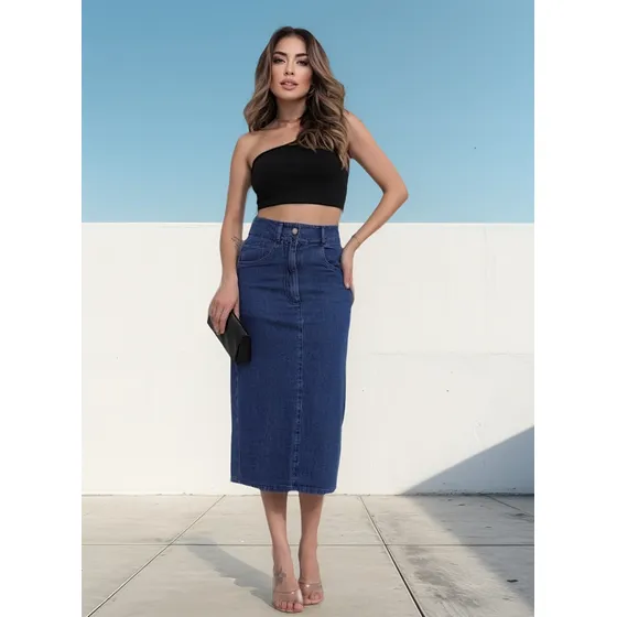 Susek Modas Saia Jeans Midi Fenda Atrás 5262