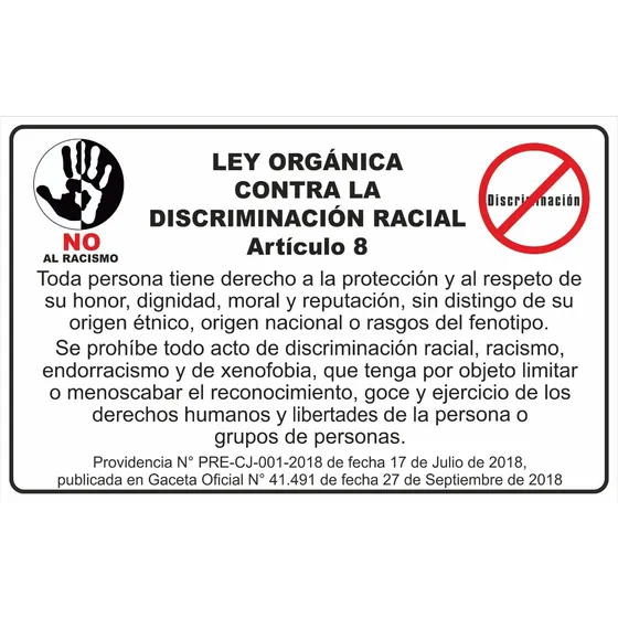 Aviso De Prohibido Discriminacion Racial 50 X 80