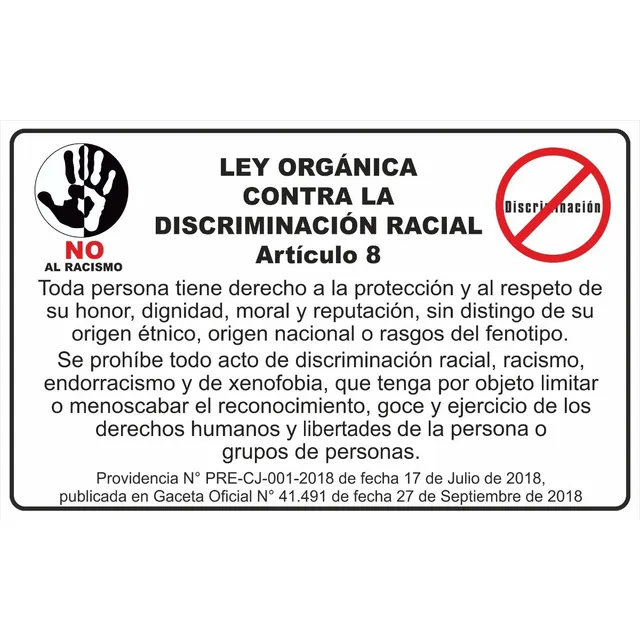 Aviso De Prohibido Discriminacion Racial 50 X 80