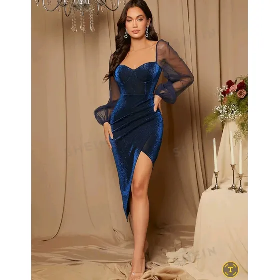 Belle Vestido Brillante Azul Elegante Escote Corazón De Mall
