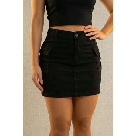Saia Cargo Feminina Cintura Alta Bolso Lateral Com Lycra
