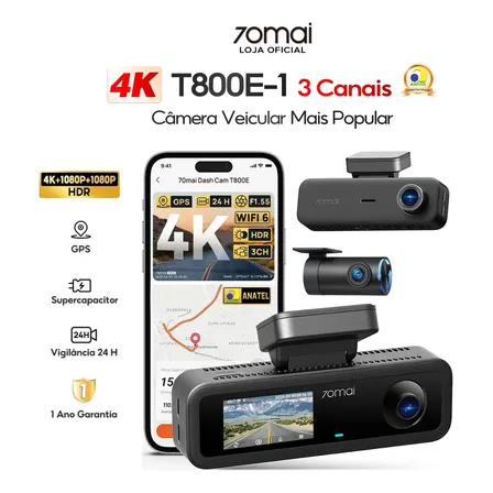 Câmera Veicular 70mai 4k T800e-1 Hdr Dash Cam 3 Canais HDR Frontal 4K Interior 1080P e Traseiro 1080P Gps Vigilância 24H App WiFi 6 Visão Noturna Uber/Taxi Câmera de Carro Supercapacitores