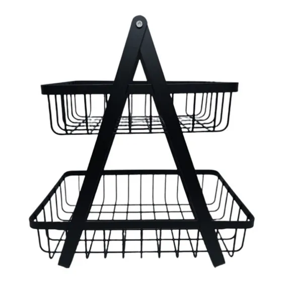 Frutera Doble Rectangular Metal Negra Mango Madera Cocina Color Negro