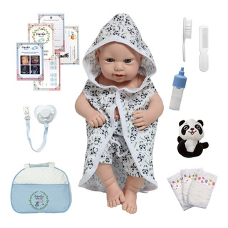 Bebê Reborn Masculino Com Roupão Panda Bolsa Kit Acessórios Bebê Reborn Masculino Com Roupão Panda Bolsa Kit Acessórios