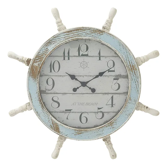 Deco Reloj Pared Rueda Barco Madera Azul
