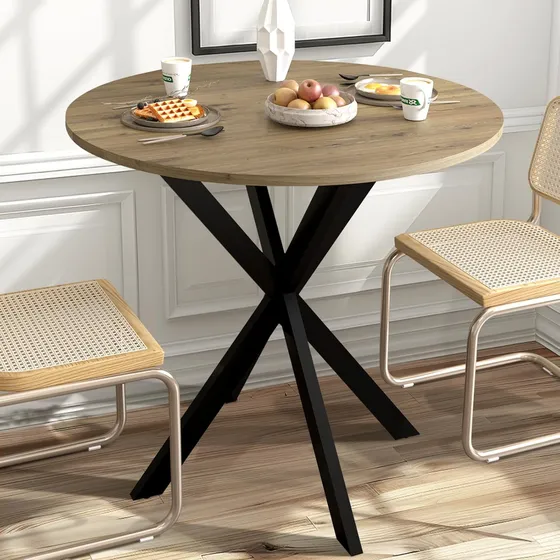 Mesa Redonda Moderna Para Comedor, Base De Metal Y Madera