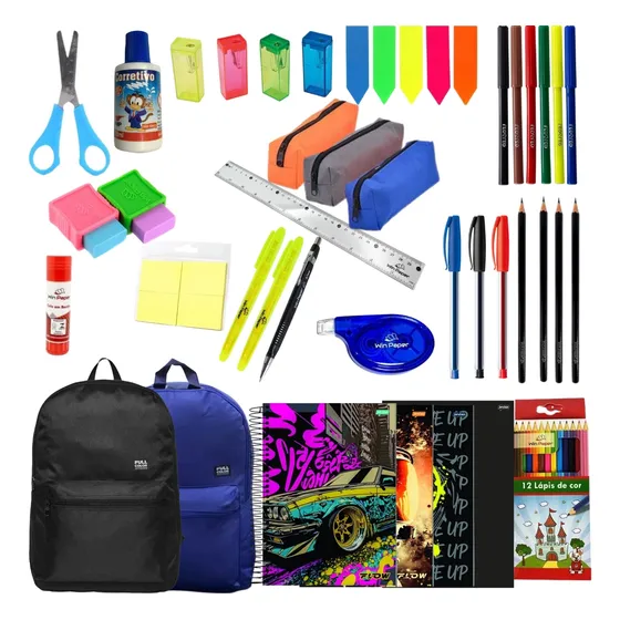 Kit Material Escolar 38 Itens Ensino Fundamental Mochila 