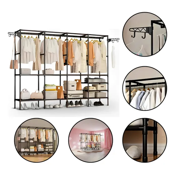 Guarda Roupa Dobravel Araras Closet Aberto Cabideiro Organizador Roupas Desmontável 4 Colunas Em aço Preto - Farmácias Convento Da Penha