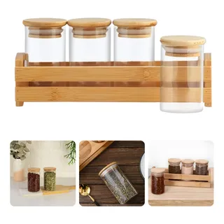 Porta Condimento Com Potes De Vidro Tampas Em Bambu De 90ml Porta Condimento Com Potes De Vidro Tampas Em Bambu De 90ml