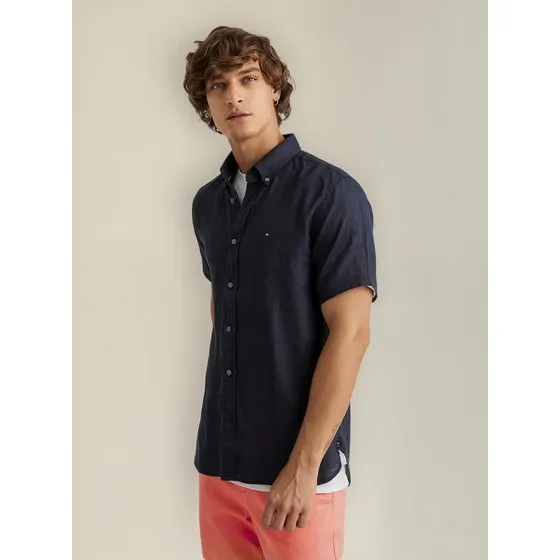 Camisa Premium De Lino Regular Fit Azul Tommy Hilfiger