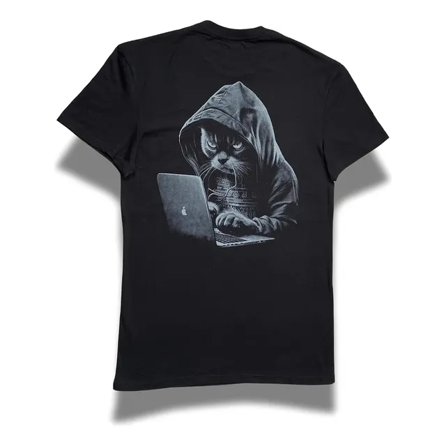Polera Remera Negra Gato Hacker Serigrafía Musicovinyl