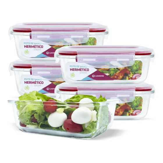 Conjunto 5 Pote Vidro Hermética Quentinha Marmita 640ml