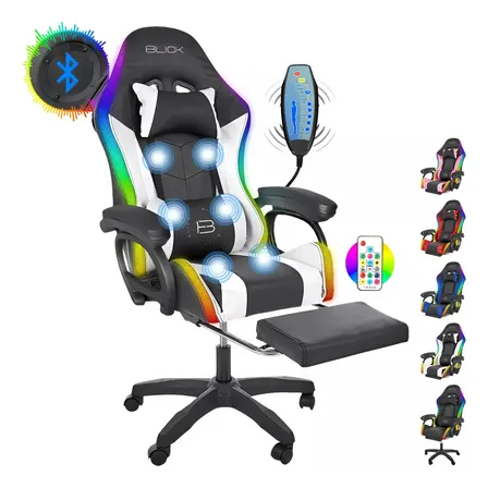 Silla Gamer Con Bocinas Bluetooth Masaje Luces Premium Blick Color Blanco Material del tapizado Cuero PVC de alta calidad