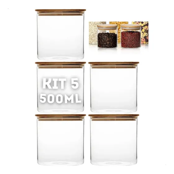 5x Pote Vidro Bambu Hermético Borossilicato Linha Eco Kit