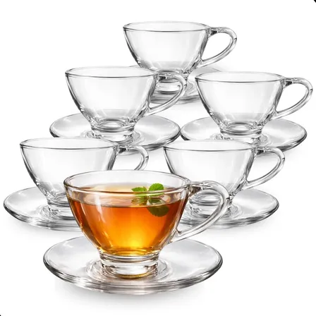 Jogo Xícaras Vidro Com Pires 12 Peças Café Chá Mesa Posta Transparente