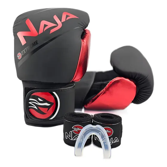 Kit Luva Boxe Muay Thai Naja Extreme 14oz C/ Bandagem Protetor Bolsa