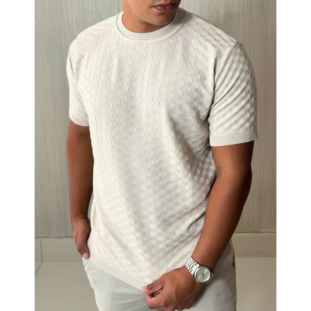 Camiseta Masculina Manga Curta Xadrez Tricô Leve Elegante