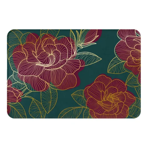 Alfombra Baño Hermosa Flor Roja Textura Dorada Puerta Al