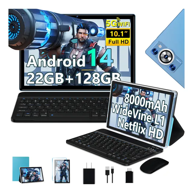 Tablet DEERTiME E9 10 Pulgadas Android 14 22GB RAM 128GB ROM Expandible 1TB WiFi 5G Bluetooth 5.0 8 Núcleos 2.0GHz Cámaras 5MP y 8MP Batería 8000mAh Google GMS Pantalla HD Azul Con Teclado