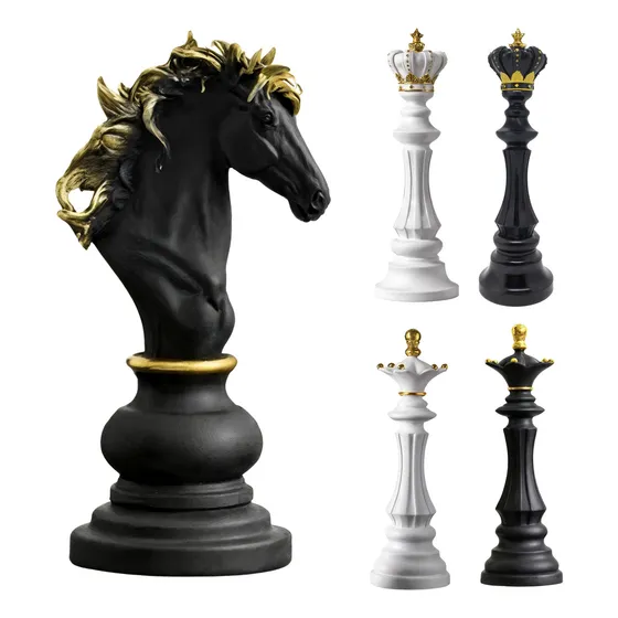Estatueta Peça De Xadrez Cavalo Decoração Escultura Resina Cor Cavalo Preto