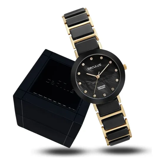 Relógio Feminino Seculus Preto E Dourado Cristais Original