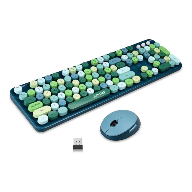 Teclado Y Mouse Inalámbrico Teclas Redondas Verde Con Ñ