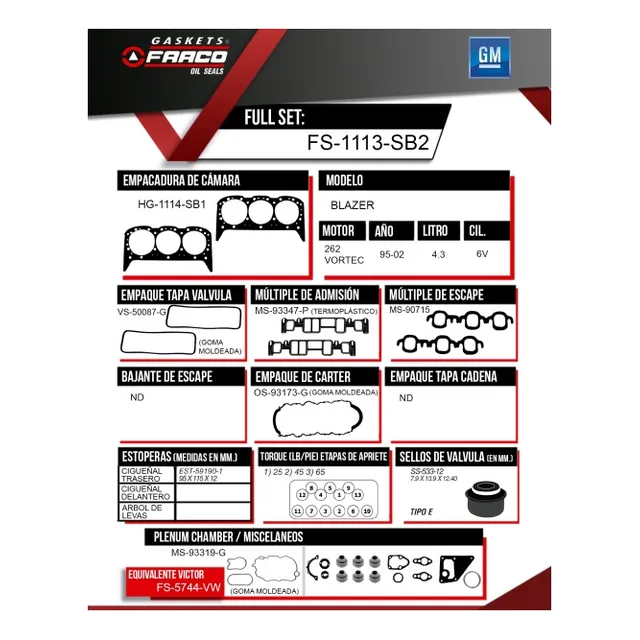 Juego Kit Empacaduras Blazer 4.3l 6v Vortec 262 Estop.silico