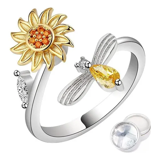 Anillo Flor Girasol Giratorio Plata 925 Antiestres Circonio