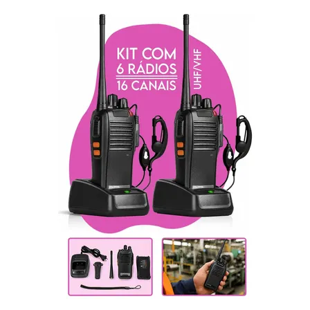 Kit Com 6 Rádio Comunicador Walkie Talkie Davely Bf-777s Uhf Vhf Fm 16 Canais 5w Alcance Até 12km Bateria 1500mah Rádio Portátil Profissional Comunicação Longo Alcance