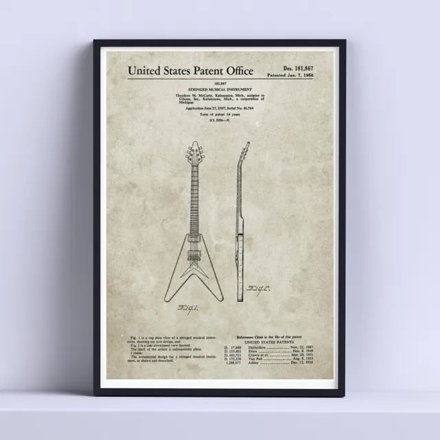 Cuadro Gibson Flying V Dibujo Lineal 30x40cm Listo P Colgar