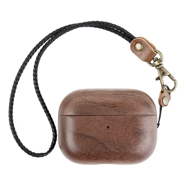 Funda De Madera Nogal Para AirPods 4, Con Cordon