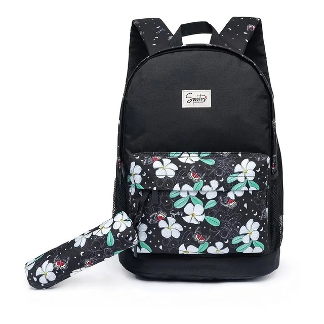 Mochila Bolsa Escolar Spector E Estojo Reforçada Juvenil Cor Preto Florido