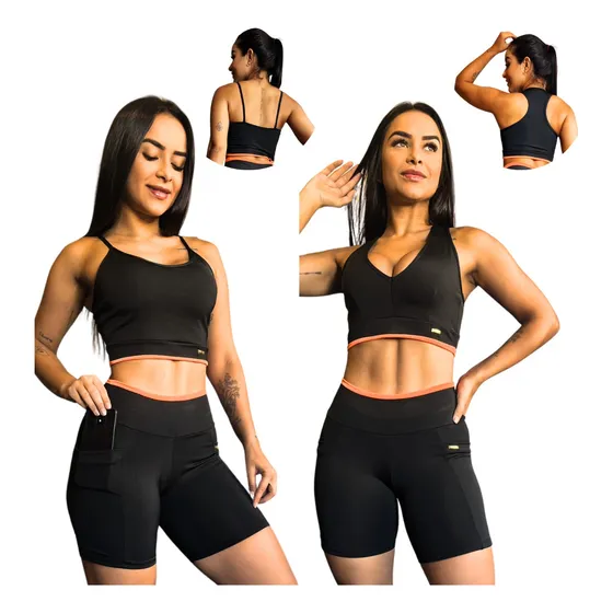 Kit 1 Short +2 Tops Conjunto Fitness Treino Academia 3 Peças